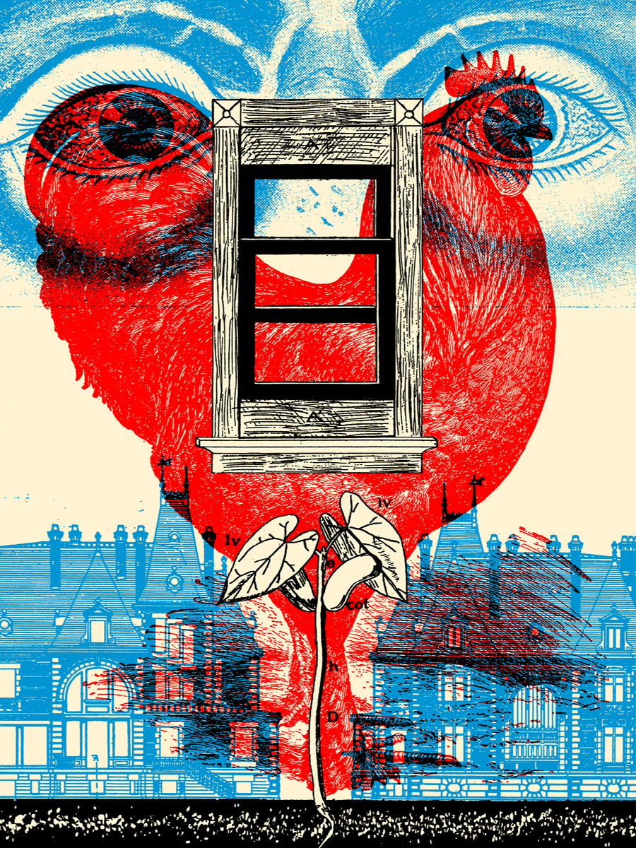 Collage mit einem Fenster vor einem roten Herz und einer Pflanze über einer Zeichnung von Häusern.