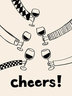 Illustration von fünf Händen, die Weingläser halten, mit dem Text "Cheers!" auf beigem Hintergrund.