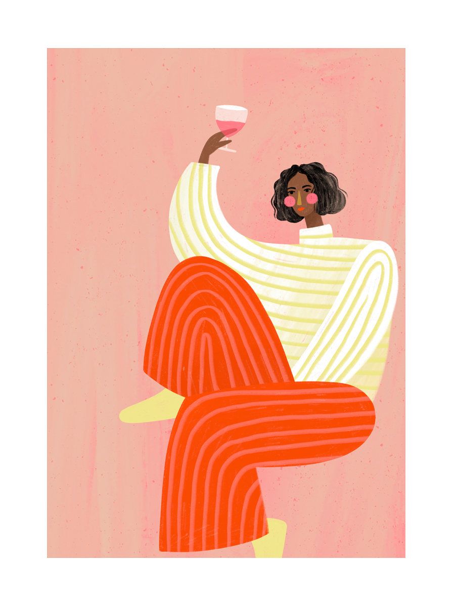Illustration einer Frau mit einem Glas Wein, gestreifte Kleidung, rosa Hintergrund.