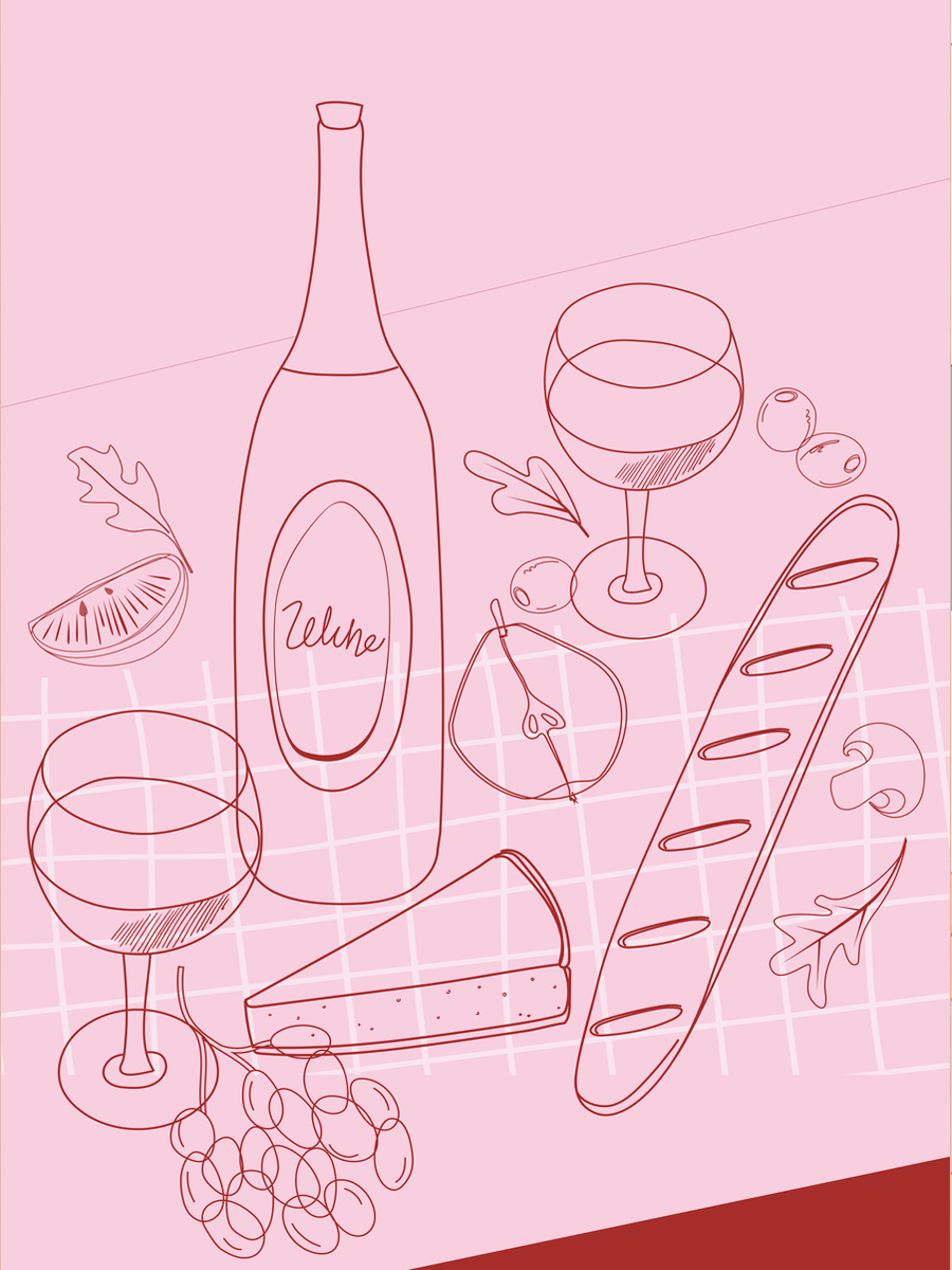 Illustration eines Picknicks mit Wein, Baguette und Käse auf rosa Hintergrund.