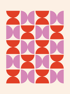 Grafische Illustration mit roten und rosa Halbkreisen auf beigem Hintergrund.