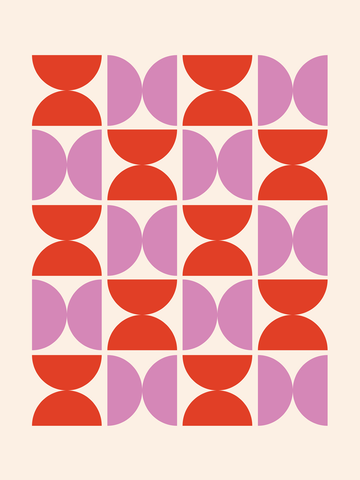 Grafische Illustration mit roten und rosa Halbkreisen auf beigem Hintergrund.