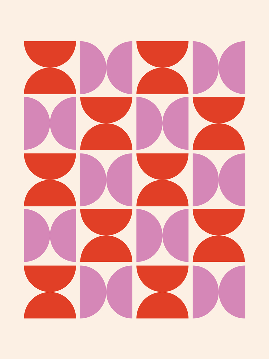 Grafische Illustration mit roten und rosa Halbkreisen auf beigem Hintergrund.