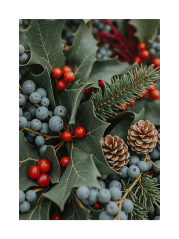 Nahaufnahme von Zapfen, roten und blauen Beeren sowie grünen Blättern.