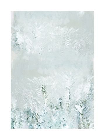 Abstraktes Poster in Weiß, Hellblau und Grün mit winterlichen Motiven.