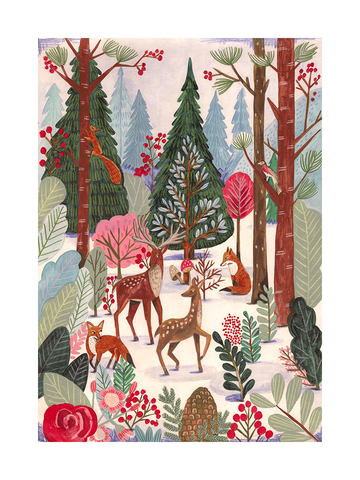 Illustration eines winterlichen Waldes mit Rehen, Füchsen, einem Eichhörnchen und einem Vogel, umgeben von Tannenbäumen und Beerensträuchern.