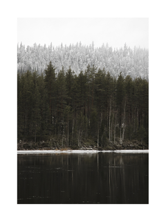Fotografie eines stillen Sees umgeben von einem schneebedeckten Nadelwald.