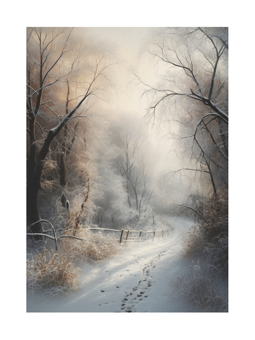 Verschneite Winterlandschaft mit einem Weg und schneebedeckten Bäumen.