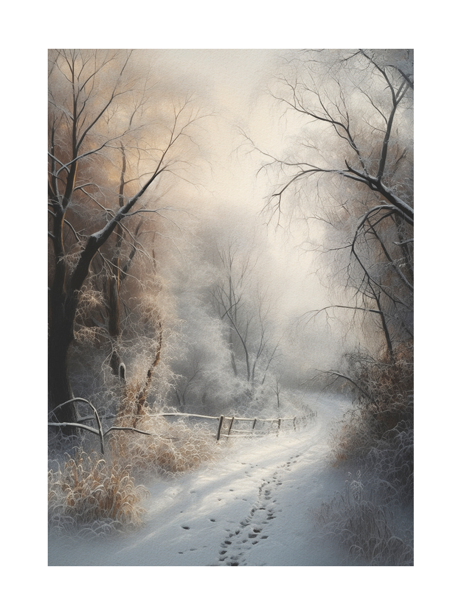 Verschneite Winterlandschaft mit einem Weg und schneebedeckten Bäumen.