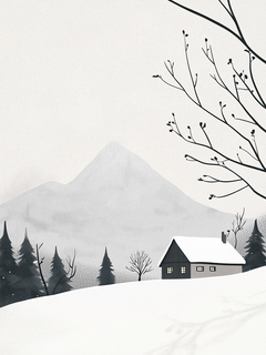 Illustration eines Hauses in einer Winterlandschaft mit schneebedeckten Bäumen und Bergen.