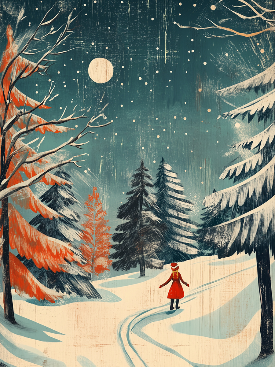 Illustration einer Frau in einem roten Mantel in einer verschneiten Winterlandschaft mit Mond und Schneeflocken.