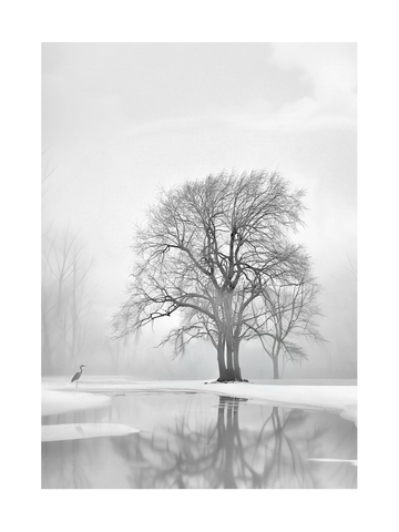 Schwarz-Weiß-Foto eines kahlen Baumes im Winter, der sich in einem See spiegelt, mit einem Reiher daneben.