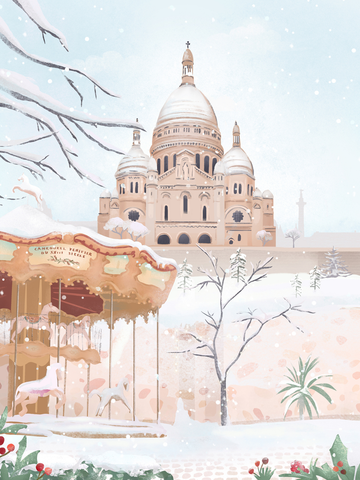 Illustration der Basilika Sacré-Cœur in Paris in einer verschneiten Winterlandschaft mit einem Karussell im Vordergrund.