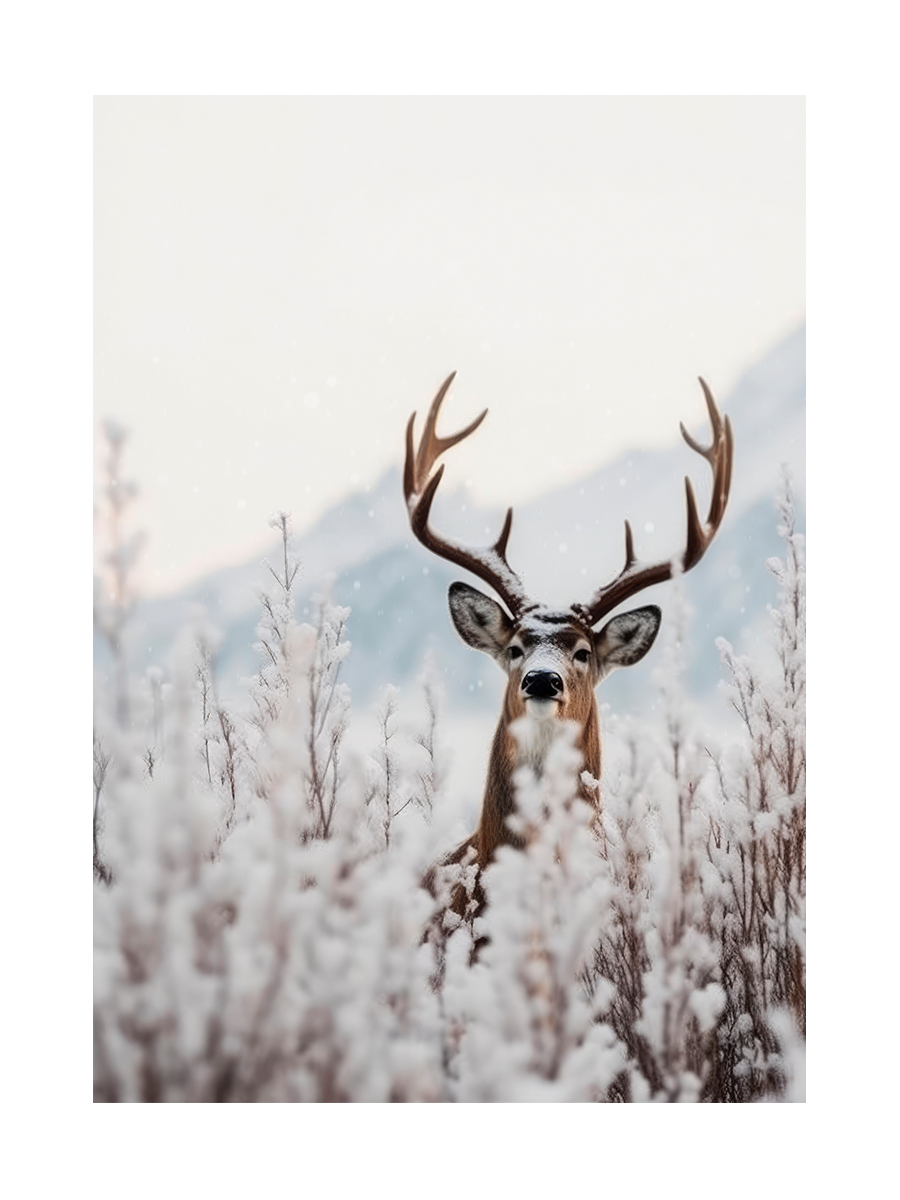 Ein Hirsch steht im Schnee, umgeben von schneebedeckten Pflanzen, mit Bergen im Hintergrund.