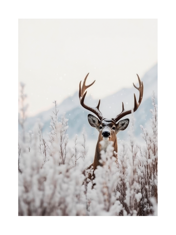Ein Hirsch steht im Schnee, umgeben von schneebedeckten Pflanzen, mit Bergen im Hintergrund.