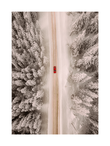Luftbild eines roten Autos auf einer schneebedeckten Straße zwischen Bäumen.