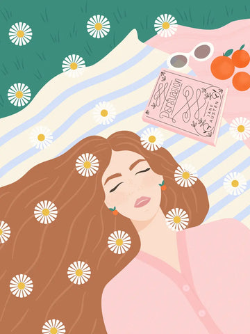 Eine Illustration einer Frau mit langen braunen Haaren die auf einer karierten Decke mit Gänseblümchen liegt.
