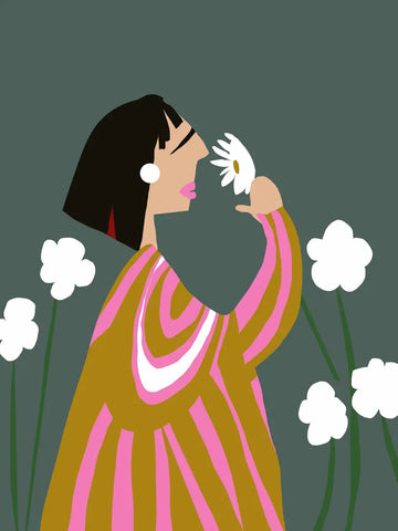 Eine flächige Illustration einer Frau im Profil mit einem rosa gestreiften Kleid die an einer Blume riecht.