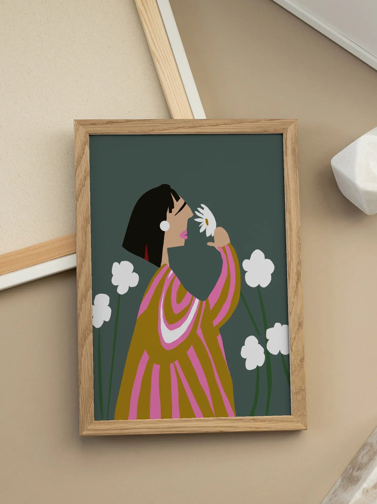 Woman Smelling A White Flower Poster
