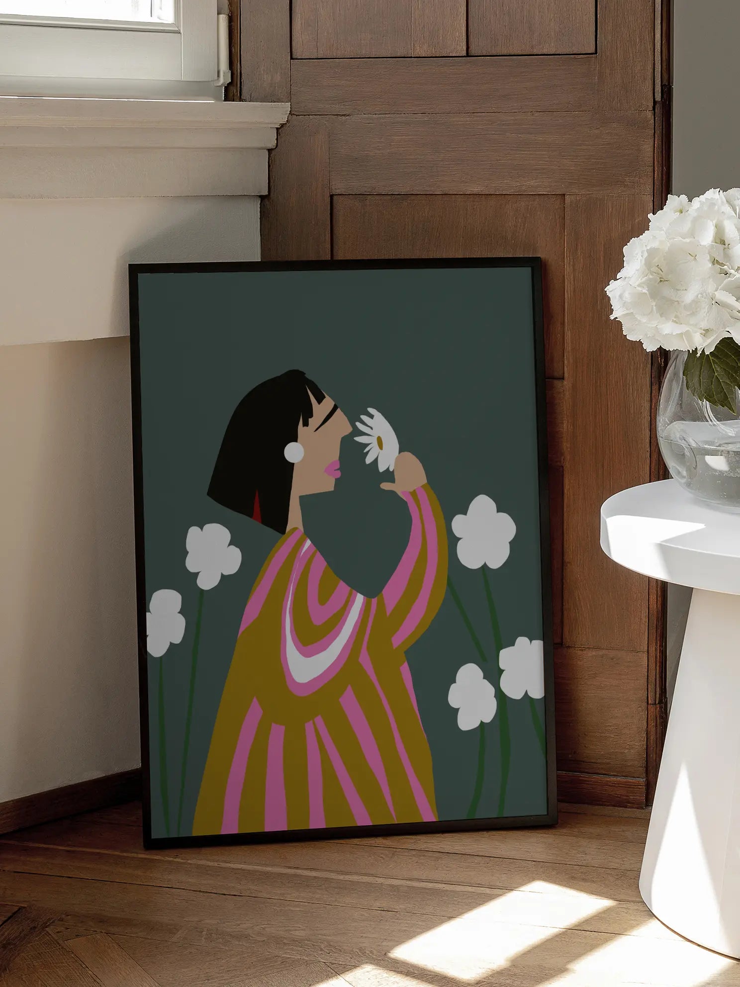 Woman Smelling A White Flower Poster