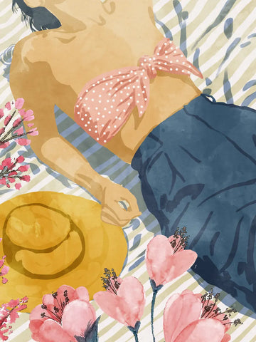 Ein Aquarellbild einer liegenden Frau mit rosa gepunktetem Oberteil und blauer Hose neben rosa Blumen und einem gelben Hut.