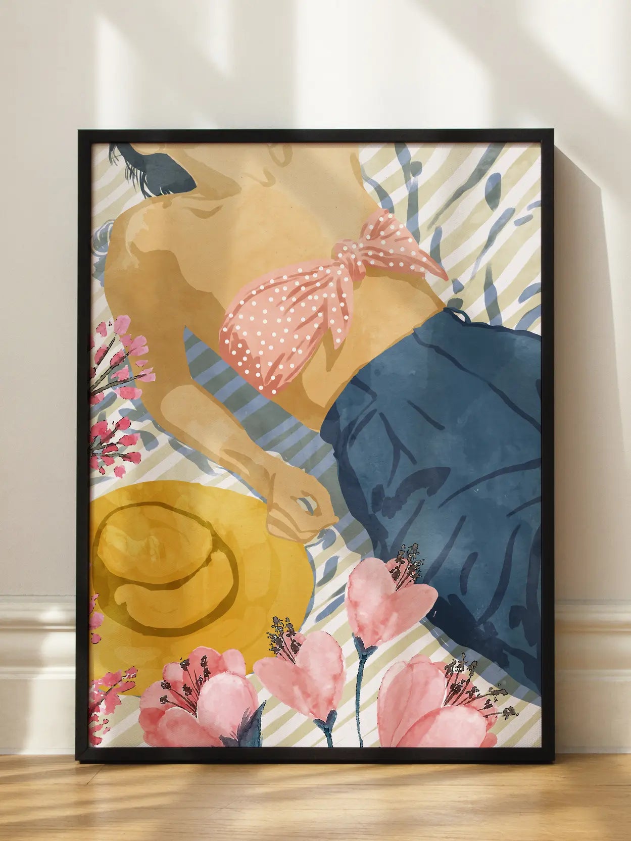 Woman Sunbathing On Striped Blanket Poster