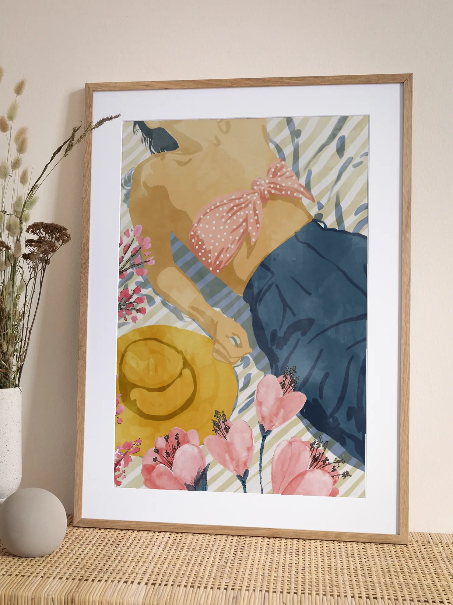 Woman Sunbathing On Striped Blanket Poster