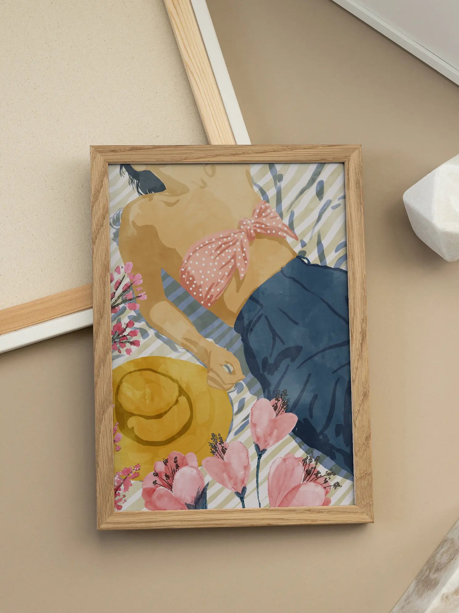 Woman Sunbathing On Striped Blanket Poster