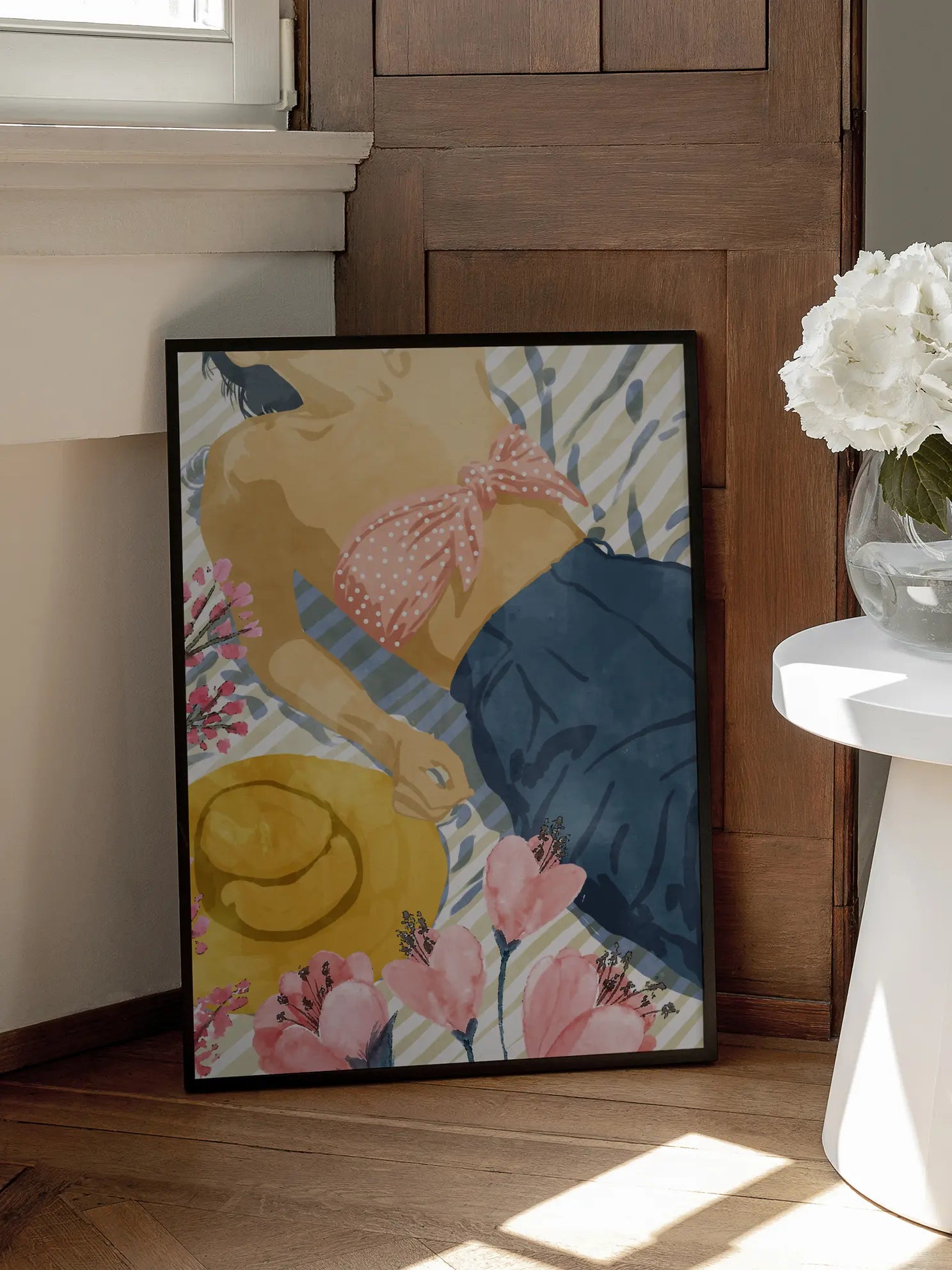 Woman Sunbathing On Striped Blanket Poster