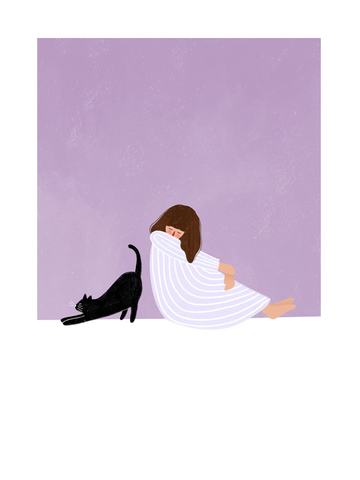 Illustration einer Frau in einem weißen Kleid neben einer schwarzen Katze auf lila Hintergrund.