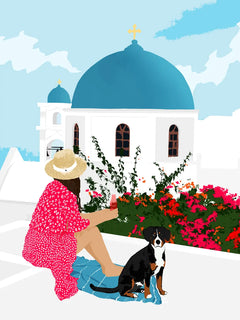 Illustration einer Frau und eines Hundes vor einer Kirche mit blauer Kuppel in Santorini.