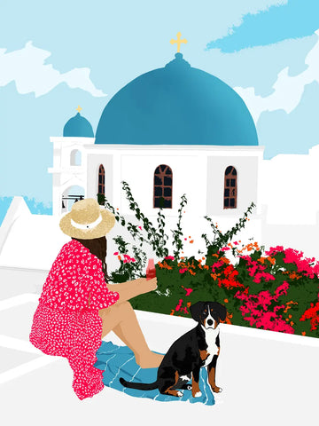 Illustration einer Frau und eines Hundes vor einer Kirche mit blauer Kuppel in Santorini.