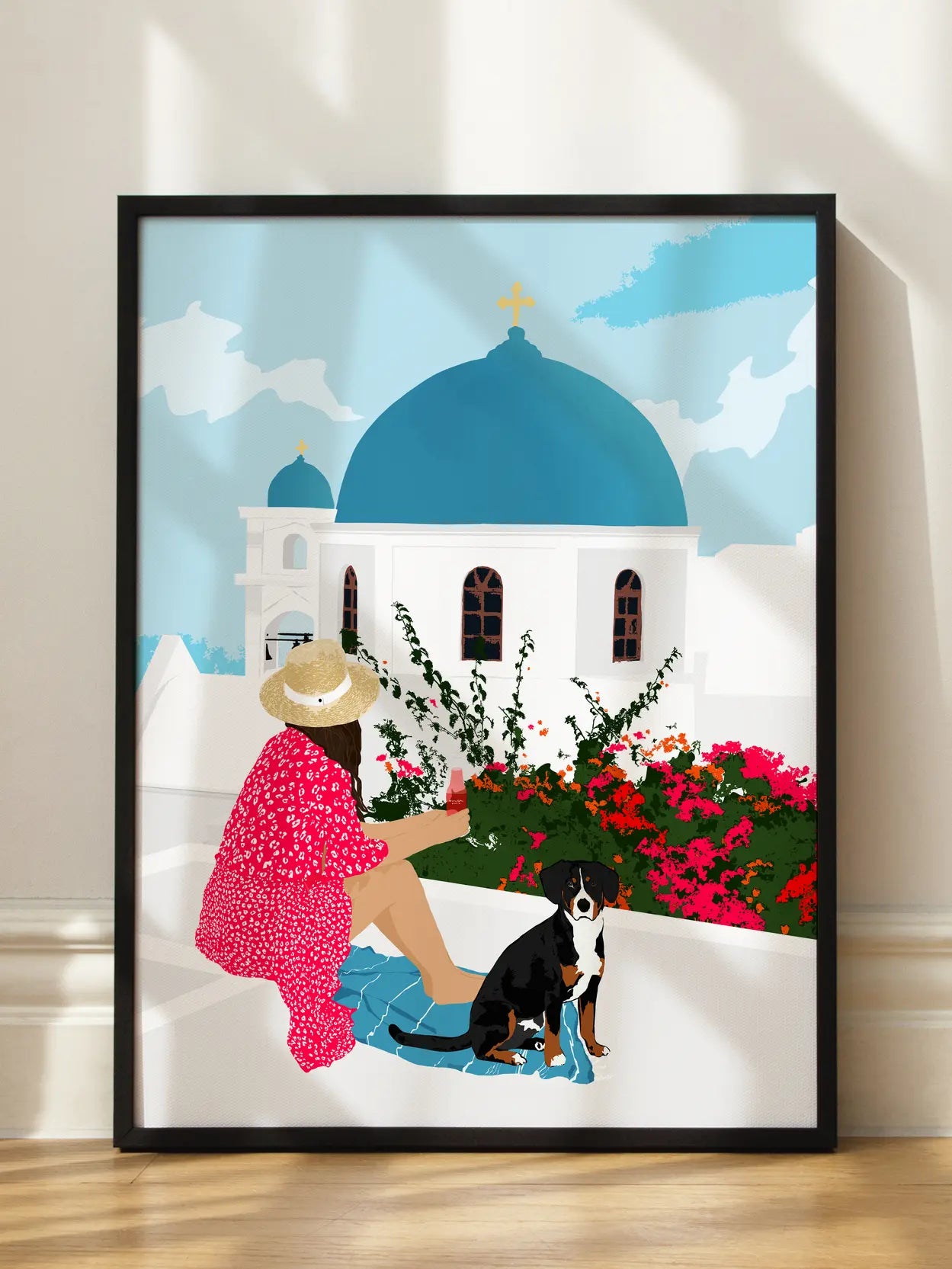 Woman and Dog in Santorini Poster