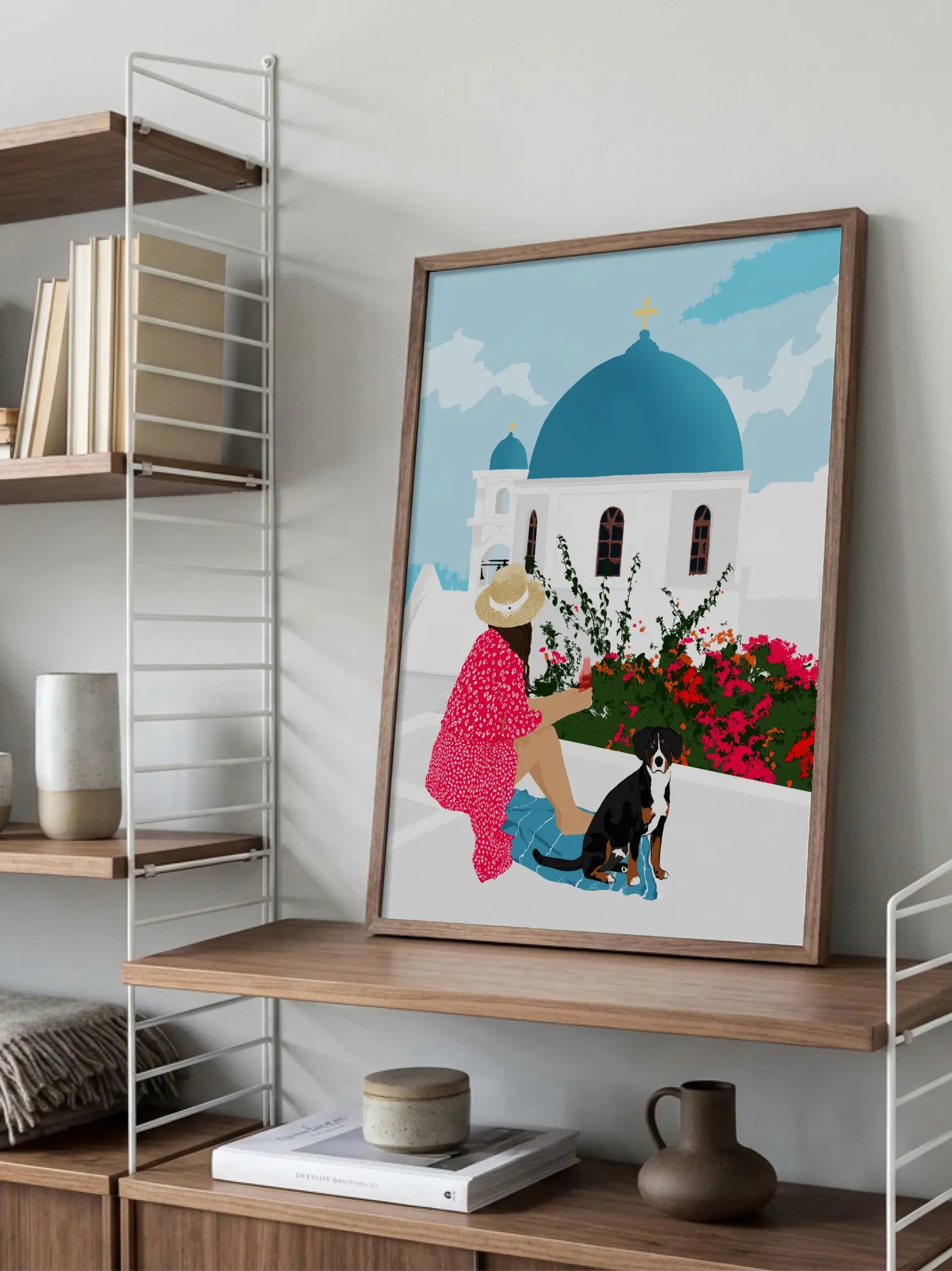 Woman and Dog in Santorini Poster