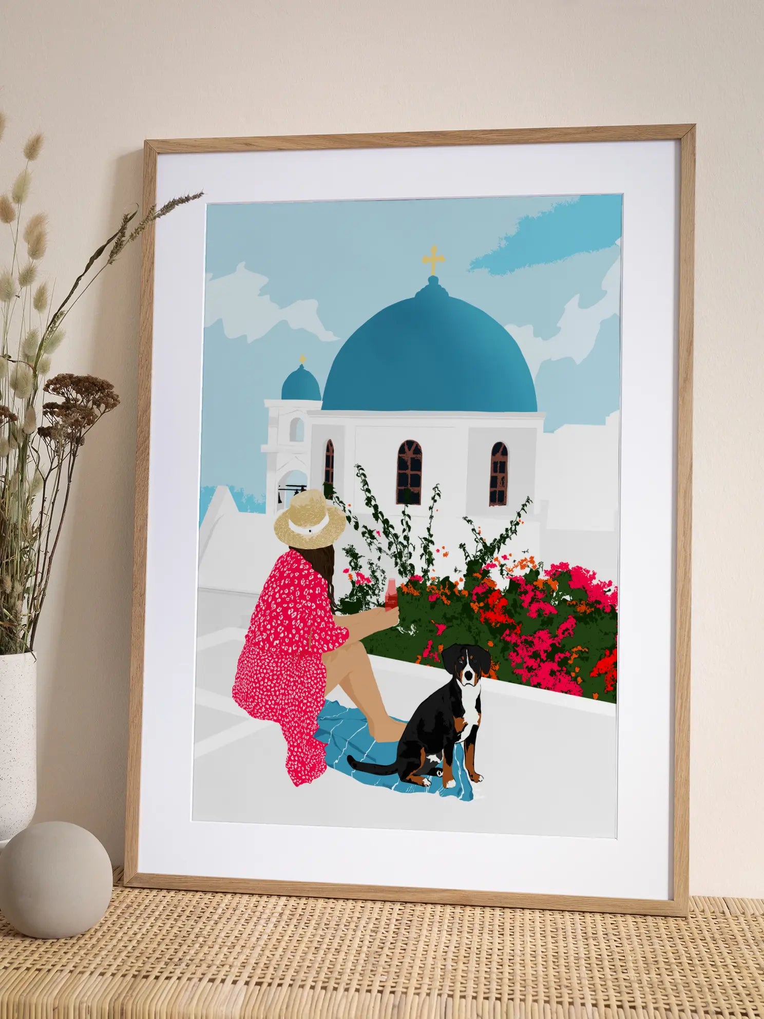 Woman and Dog in Santorini Poster