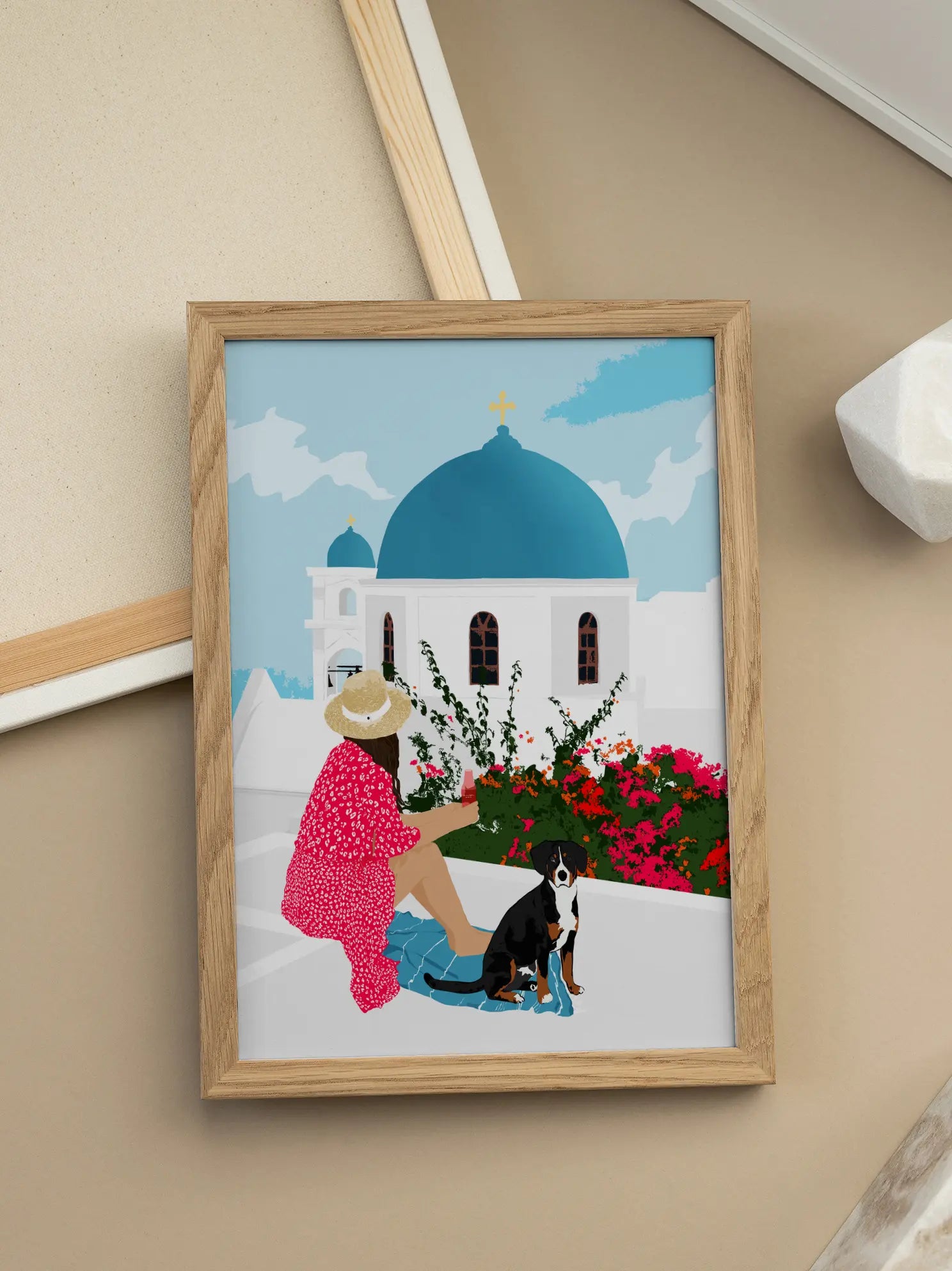 Woman and Dog in Santorini Poster