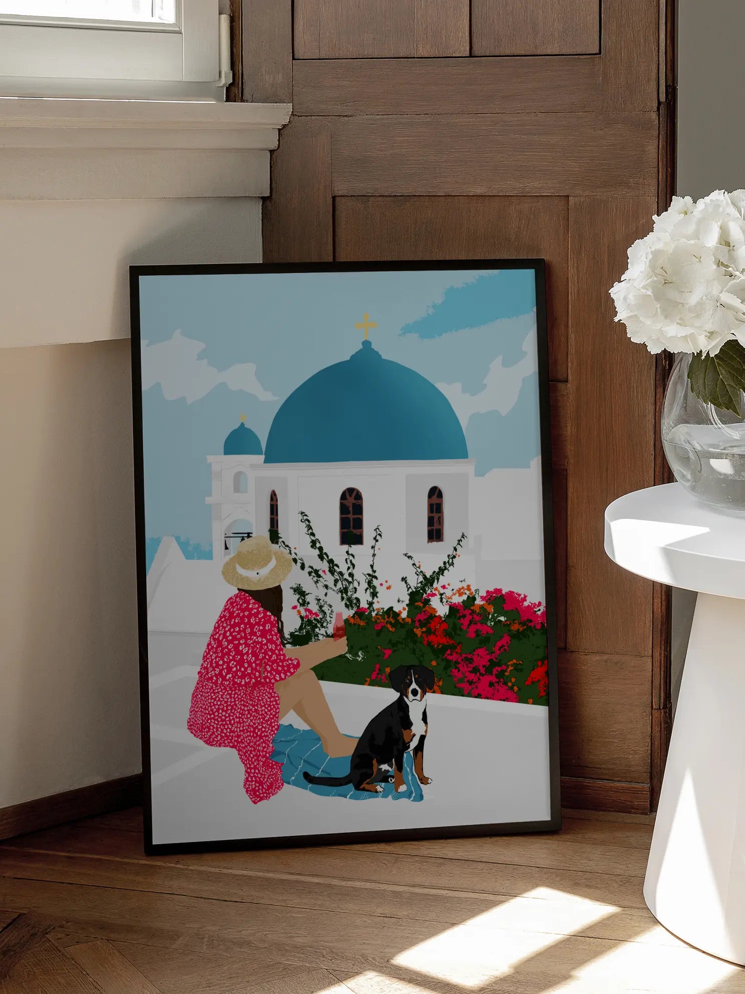 Woman and Dog in Santorini Poster