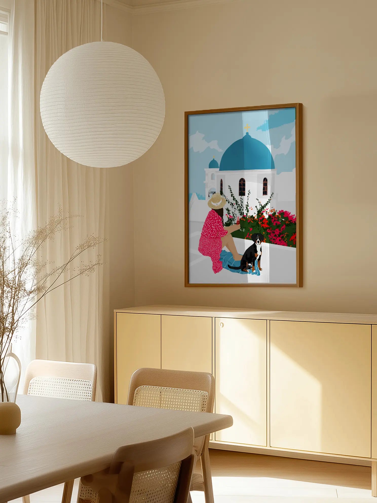 Woman and Dog in Santorini Poster