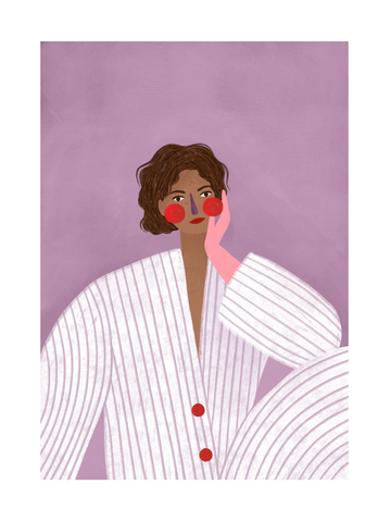 Illustration einer Frau in einem gestreiften weißen Anzug vor einem lila Hintergrund.