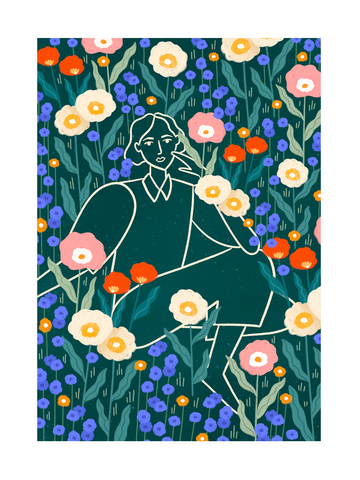 Illustration einer Frau in einem bunten Blumenfeld mit verschiedenen Blüten.