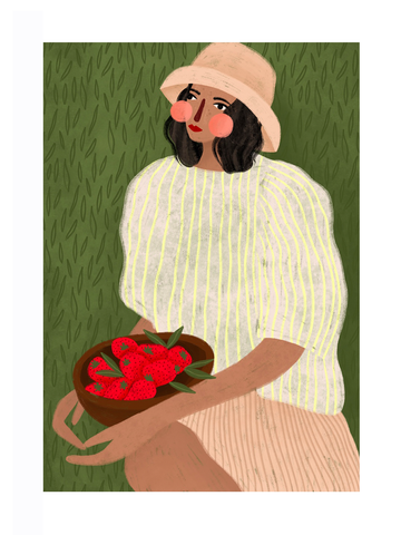 Illustration einer Frau mit Hut und gestreiftem Pullover, die eine Schüssel mit Erdbeeren hält, vor grünem Hintergrund.