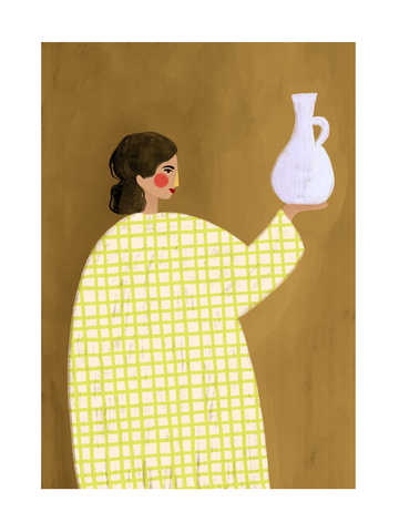 Illustration einer Frau in einem gelben karierten Kleid mit einer weißen Vase vor braunem Hintergrund.