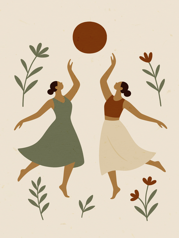 Illustration von zwei Frauen, die einen roten Ball werfen, umgeben von Blumen auf beigem Hintergrund.