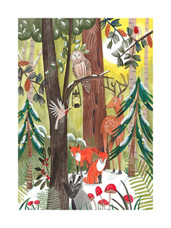 Illustration von Waldtieren im Schnee mit roten Pilzen.