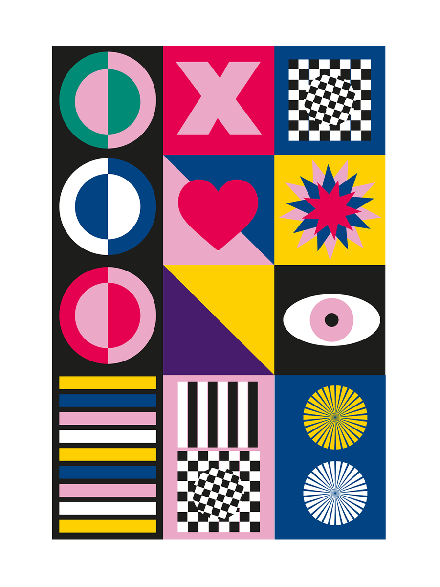 Grafisches Poster mit geometrischen und optischen Mustern in Rosa, Blau, Gelb und Schwarz.