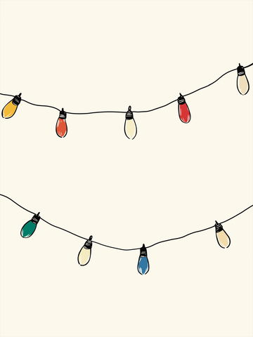 Minimalistisches Poster mit zwei Girlanden aus bunten Glühbirnen vor einem hellbeigen Hintergrund.