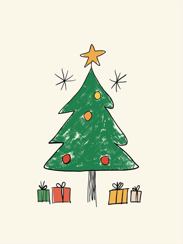 Handgemaltes Poster eines Weihnachtsbaums mit gelber Sternspitze und Kugeln, umgeben von Geschenken.
