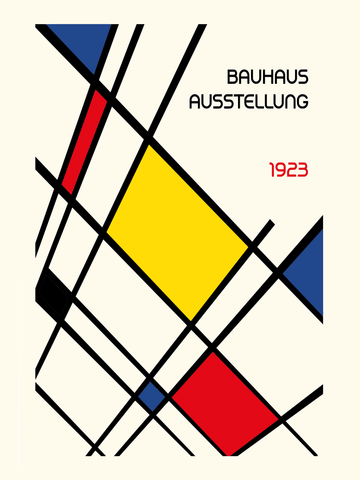 Grafische Illustration mit Quadraten in Rot, Gelb und Blau und schwarzen Linien auf beigem Hintergrund mit dem Text Bauhaus Ausstellung 1923.