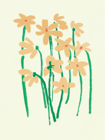 Illustration von gelben Blumen mit grünen Stängeln auf einem hellgelben Hintergrund.