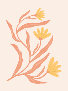 Illustration von gelben Blumen mit orangefarbenen Stielen und Blättern vor einem beigefarbenen Hintergrund.